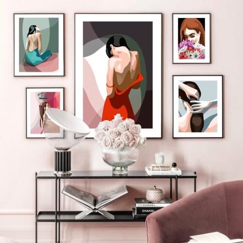 Flowers Dress Woman Back Shoulder Shower Wall Art Canvas Painting Nordic Posters And Prints Wall Pictures For Living Room Decor