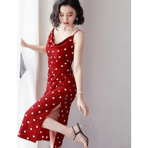 New Spring And Summer Womens Sleeveless Polka-Dot Printed Slim Sexy Suspender Dress side Split fork Party Slim Dresses