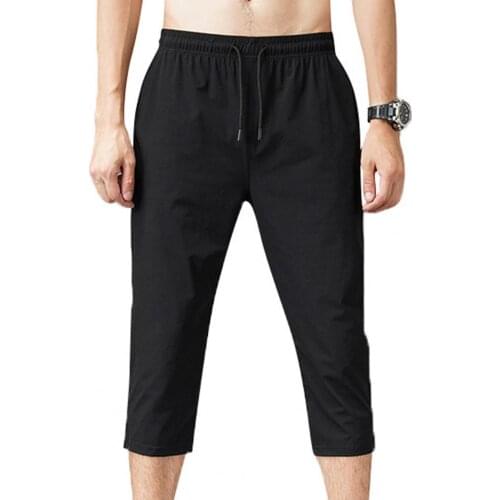 Solid Color Capri Pants Elastic Waist Men Drawstring 3/4 Length Stretchy Cropped Trousers Sweatpants