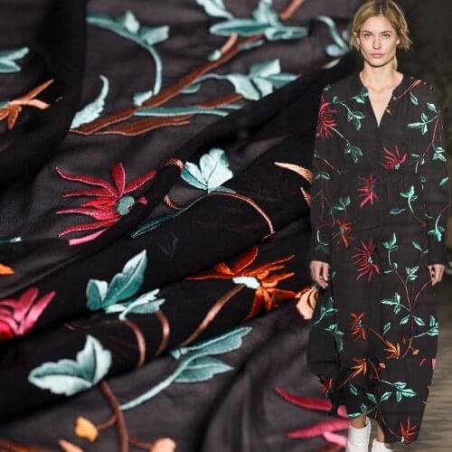 Pearlsilk Black Georgette Silk Embroidered Silk and Cotton Materials Spring Dress DIY clothes fabrics Freeshipping
