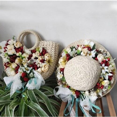Casual Rattan Basket Women Handbags Wicker Woven Totes Large Capacity Straw Bags Summer Handmade Flowers Beach Bag with Hat