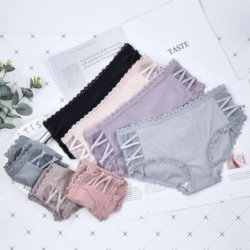 Sexy Cross-Belt Ice Silk Womens Panties Floral Lace Underwear Elastic Bag Hip Seamless Breathable Briefs Female Sex Lingerie