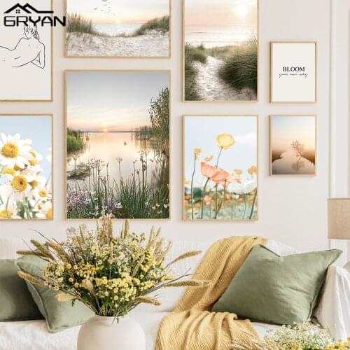 Nordic Daisy & Poppy Flower Canvas Wall Art Print Painting Sea Beach Lake Dawn Poster Romantic Landscape Picture for Living Room