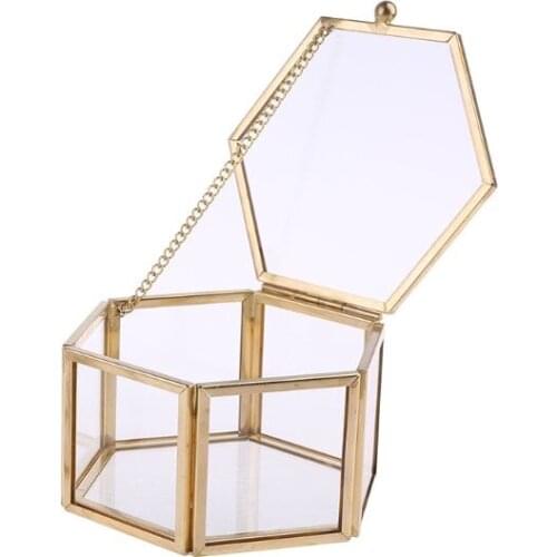 Nordic Hexagon Transparent Glass Wedding Ring Box Eternal Flower Storage Decor