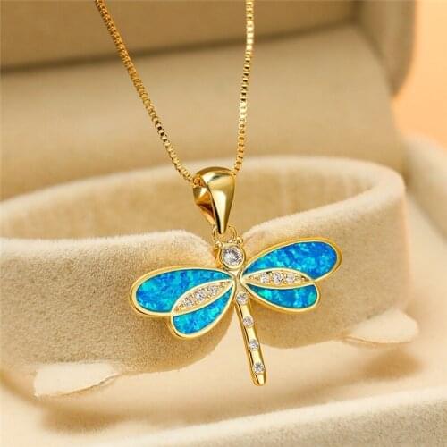 Fine Dragonfly Women Pendant Blue Charm Fashion With Gold Color Chain Necklace For Women Animal Jewelry Gift