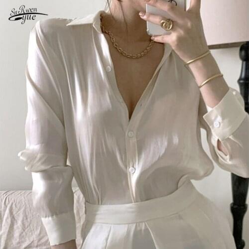 Women Long Sleeves Female Korean Loose Street Shirts Autumn Fashion See Through White Satin Silk Shirt Vintage Blouse11971