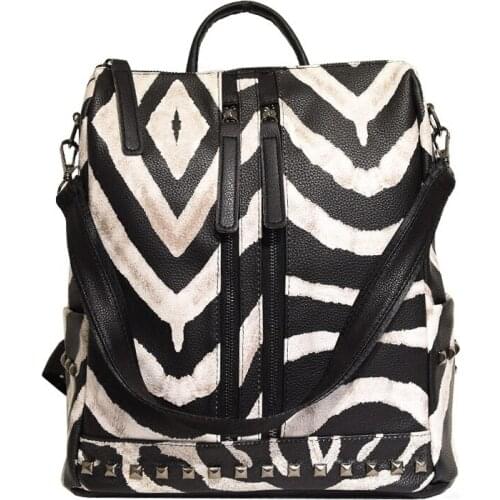 2021 Women Pu Leather Big Backpack High Quality College Student School Bag Printed Leopard Zebra Large Men Bagpack Rock Studded