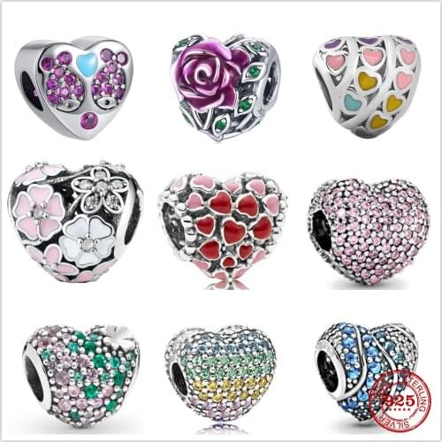 925 Sterling Silver Bead Charm Shiny Heart Flower Heart Bead Fit Original Pandora Charm Silver 925 Bracelet DIY Jewelry