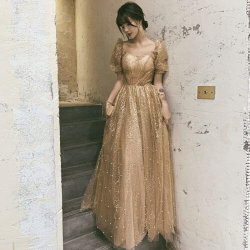 Sleeves Sweetheart Evening Dresses Long 2021 Elegant Dress women A-line Floor-length Champagne Tulle Bright silk Evening Gown