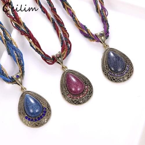 Bohemian Big Stone Water Drop Pendant Necklace for Women Vintage Multilayer Beads Chain Crystal Necklace Ethnic Boho Jewelry