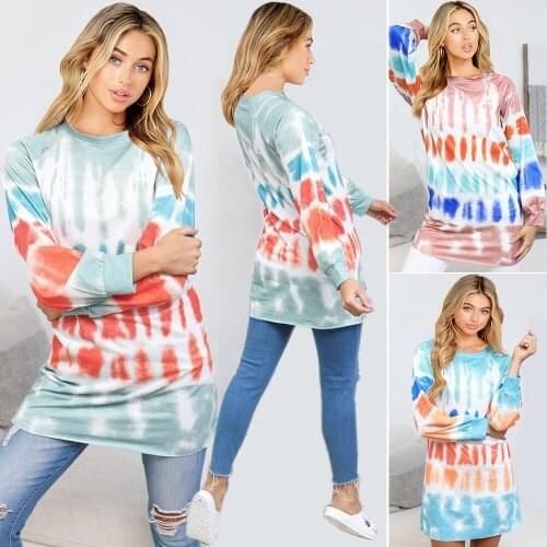 New Womens Sweatshirt Dress Rainbow Tie Dye Print Autumn O-neck Long Sleeve Mini Skirt Casual Womens Loose Straight Skirt Sun