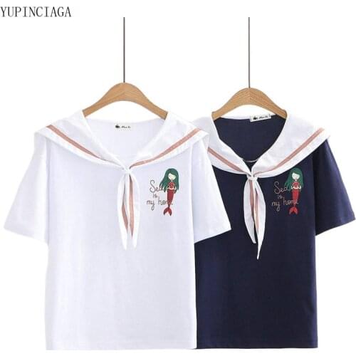 Women Cartoon Mermaid Print Cotton T Shirts 2021 Summer Short Sleeve Sailor Collar T Shirt Harajuku Female Kawaii Tops 2116418