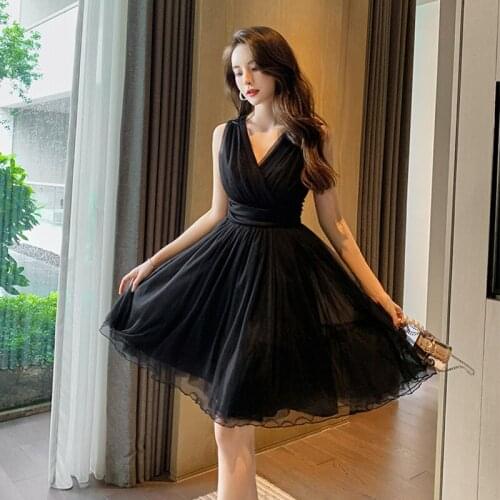 French Style Vintage Sexy Sleeveless V-Neck Midi Party Club Dress Ladies Elegant Streetwear Folds Female Mesh Black Beach Dress