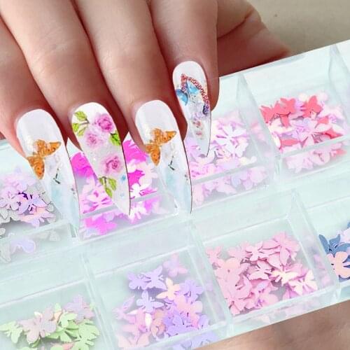 12 Grids Laser Holographic 3D Butterfly Nail Art Sequins Flower Halloween Christmas Sticker Flakes Slices Glitter for Nails