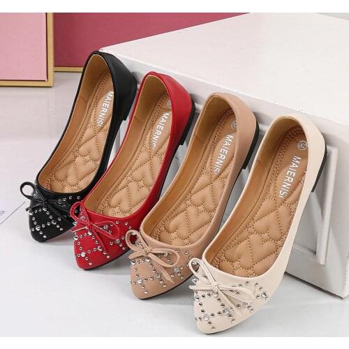 Rivets Bow-knot pointed toe pu ballet flat shoes woman loafers slip on flats women crystal studs low heels ballerina femm size45