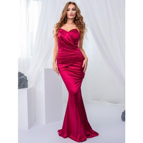 Strapless V Neck Ruched Long Satin Maxi Dress Formal Sleeveless Pleat Mermaid Backless Prom