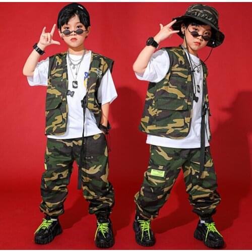 Kid Hip Hop Clothing Streetwear T Shirt Sleeveless Jacket Camo Tactical Cargo Military Jogger Pants For Girls Boys Dance Clothes