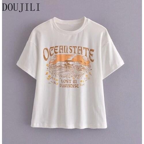 DOUJILI 2021 Women Shirts Geometric Print Cotton T Shirt Short Sleeve O Neck Tees Fashion Ladies Casual Street Wear