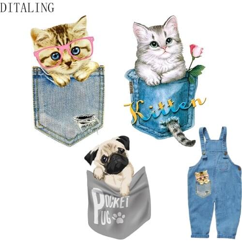 Pocket Cat Patch Dog Thermo-Stickers DIY Iron On Parches For Clothing Denim Washable Easy Use Heat Transfer Sticker Dropshipping