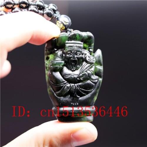 Chinese Black Green jade God of Wealth Jade Pendant Natural Obsidian Necklace Charm Jewellery Fashion Amulet Gift Men Women