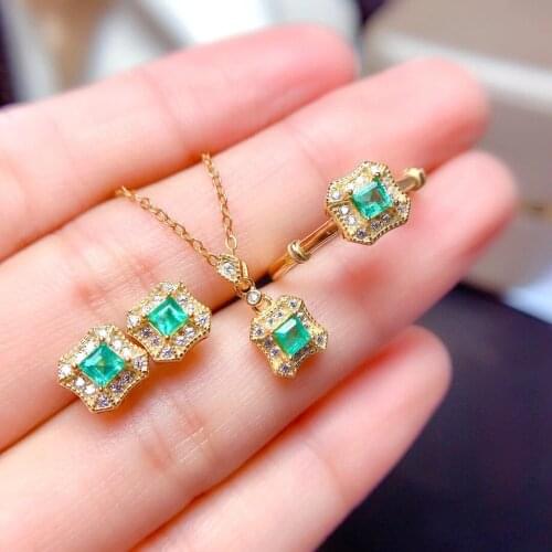 Classic Small elegant square Natural green Emerald jewelry sets natural gemstone ring earring Pendant S925 silver girl party