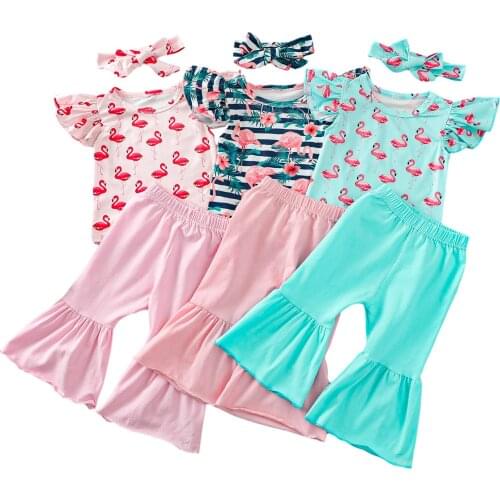 Kids Baby Girls 3-piece Outfit Set Fly Sleeve Flamingo Print Tops+Flared Pants+Headband Set 2021 Baby Summer Clothing