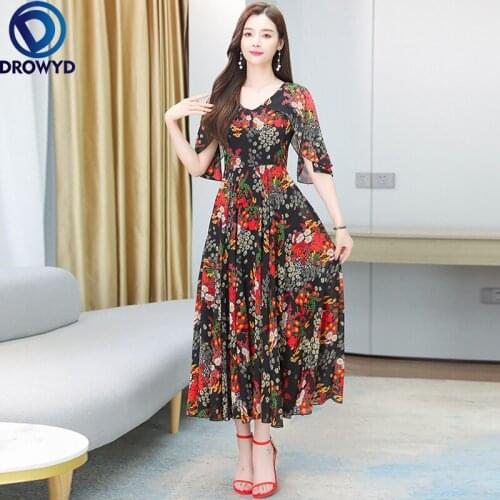 Summer Beach V-Neck Black Print Maxi Dress 2021 Fashion Short Sleeve A-Line Chiffon Bodycon Elegant Long Party Dress Vestidos