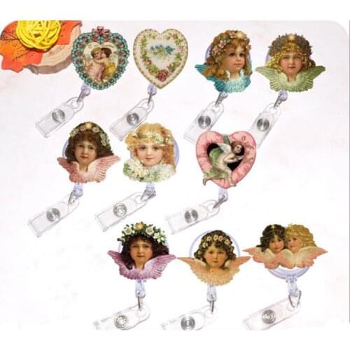 New Design 1 Piece High Quality Acrylic Retractable Nurse Badge Reel Cartoon Girls Angles Series Students ID Card Badge Holder