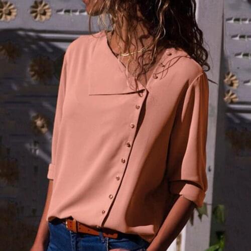 Fashion Office Ladies Pink Casual Blouse Women Shirt Tops Skew Collar Rivet Long Sleeve Chiffon Blusas Female Solid Blouse