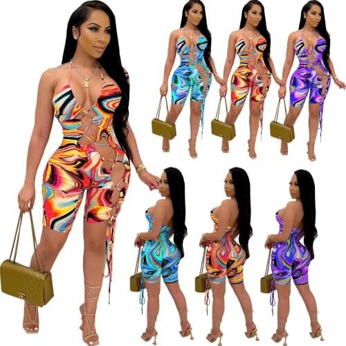 Sexy Lady Tie Dye Print Halter Hollow Out Bandage Night Party Club Playsuit Women Summer Outfit Backless Lace Up Rompers