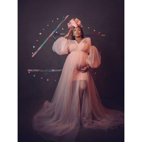 Tulle Dress Women Robes Puffy Long Sleeves Front Slit Illusion Photo Shoot Maternity Gown Plus Size Women Vestidos Formal Wear