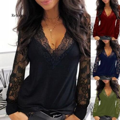 Casual V-Neck Lace Long Sleeve T-Shirt for Women Spring Winter Clothes Y2K Sexy Solid Color Black Tee Shirt Office Lady Top