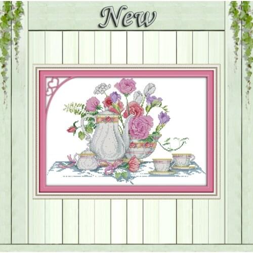Pink rose table flower vase Painting Decor 11CT Counted print on canvas DMC 14CT DIY Cross Stitch kit embroidery needlework Sets