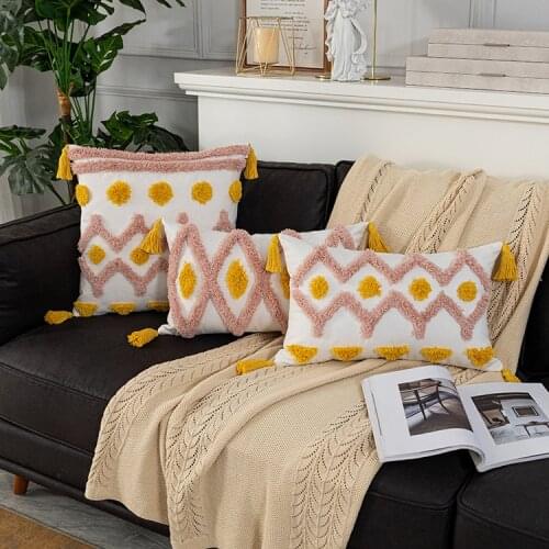 Pink Cushion Cover Ivory Pillow Cover 45x45cm/30x50cm Tassles Diamond Boho Style Home Decoration For Sofa Bed Chair Living Room