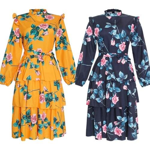 Party Dress Women Kaftan African Print Dashiki Chiffon Dresses Elegant Ladies European Clothing Long Sleeve Floral Boho Dress