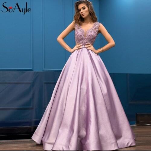 SoAyle Evening Dresses 2018 Deep V neck Embroidery Purple vestido de Festa Sleeveless Lace Beaded Prom Dresses Sexy Long Dress
