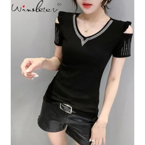 Summer European Style Solid Cotton T-Shirt Sexy Off Shoulder Shiny Diamonds Women Tops Short Sleeve All Match Tees 2021 T14305A