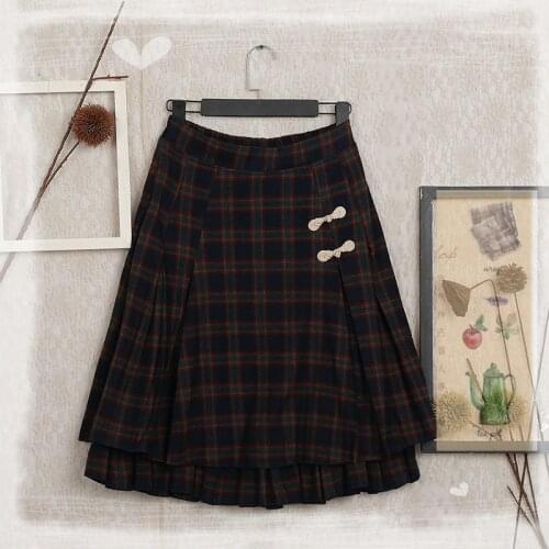 Sweet Mori Girl Retro Plaid Skirt Elastic Waist Mid-calf Pleated Lolita Skirt Novelty Women Casual Autumn Winter Skirt Faldas