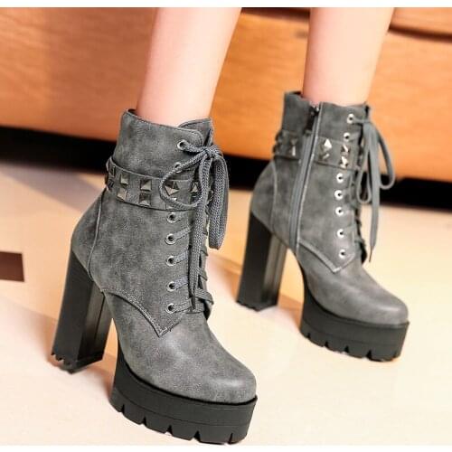 Autumn Winter Punk Gothic Rock Lace Up Block High Heels Platform Woman Shoes Black Rivets Strap Ankle Boots Plus Size 43