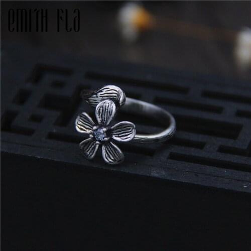 Genuine 925 Sterling Silver Female Vintage Simple Open Rings Flowers Design Fashion Jewelry For Women Opening Adjustable Ring