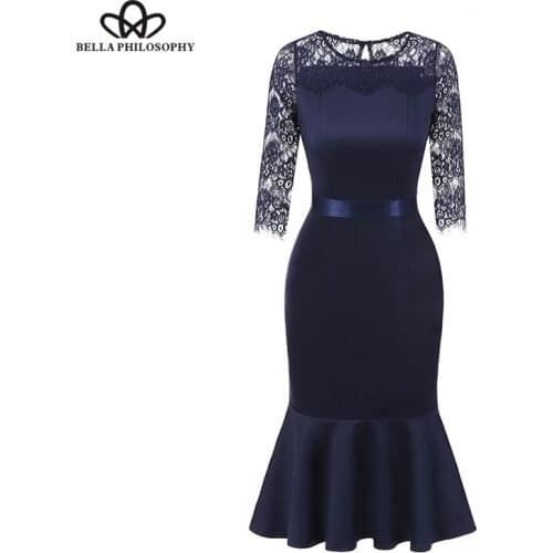 Bella Philosophy Summer shirt Dress Women Lace O Neck Patchwork Hollow Out Trim Pencil Dress Female Vintage Long Sleeve Vestido