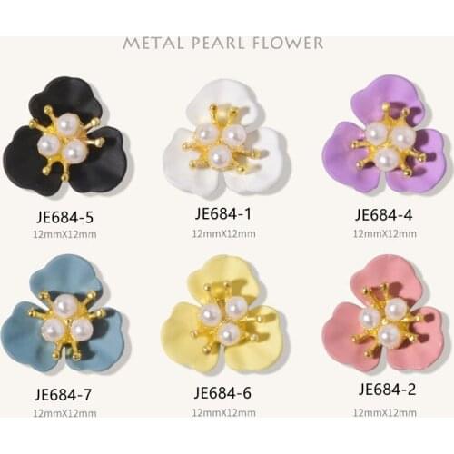10PC 3-Petal Flower&Pearl Japanese Nail Alloy Accessories Charm 11.5*11.5mm Spray Paint Metal Decorations For Nails Supply JE6-8