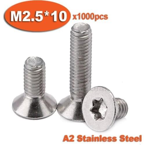 1000pcs DIN965 M2.5 x 10 A2 Stainless Steel Torx Countersunk Flat Head Screw Screws