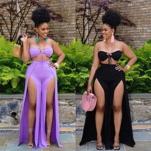 VAZN 2021 Top Quality Chiffon Solid Sexy Young Strapless Sleeveless Long Wide Leg Pant Hollow out Free Fashion Women 2 Piece Set