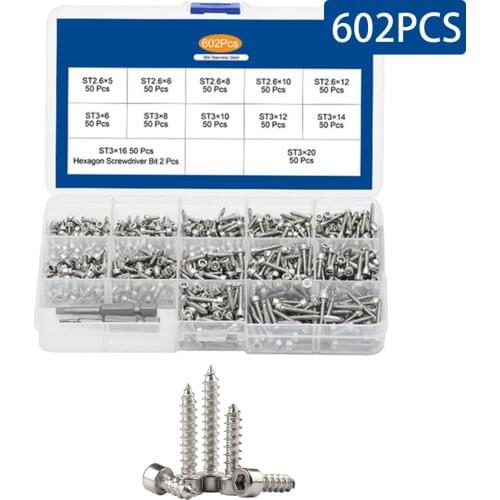 602PCS/Box M2.6 M3 Hex Socket Cap Head Self Tapping Screw Set Stainless Steel Hexagon Socket Tapping Screw Assorted Kit