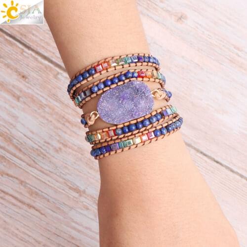 CSJA Natural Stone Multilayer Wrap Leather Girl Bracelets Bangles Purple Druzy Quartz Colorful Beads Boho Handmade Bracelet S425