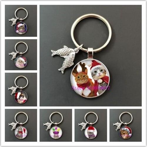 Cute red Christmas hat animal pet cat round glass keychain cabochon photo dome DIY handmade keychain charm jewelry discovery