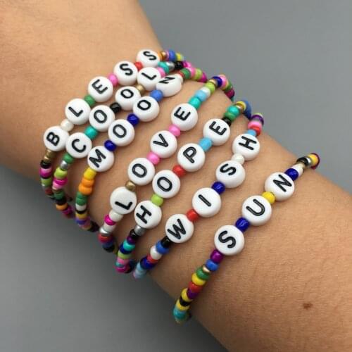 Colorful Seed Beads Charm Letter Bracelet Stretchy Hope Bless Boho Yoga Chic Friendship Pulseras Femme Jewelry
