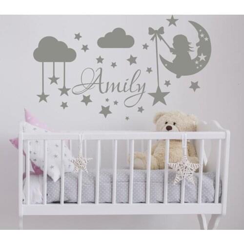 Girl Name Custom Wall Decal Moon and Stars Baby Nursery Wall Decals Clouds Vinyl Nursery Girl Bedroom Decoration Mural X375