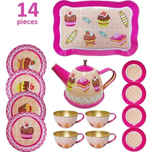 Kids kitchen kids Tea set Toys Pretend Play Toys for girls Toys 14PCS Teapot Teacup British Style Afternoon Tea Tinplate Toys